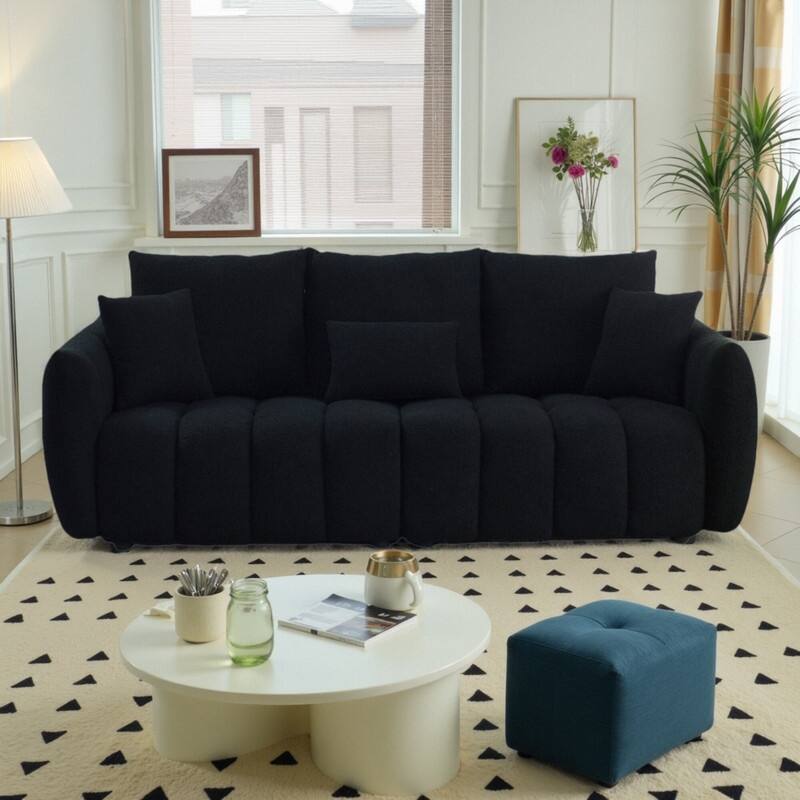 82" Teddy Fabric 3-Seater Sofa with Solid Wood Frame, 6 Premium Cushions and 750lb Weight Capacity - Black