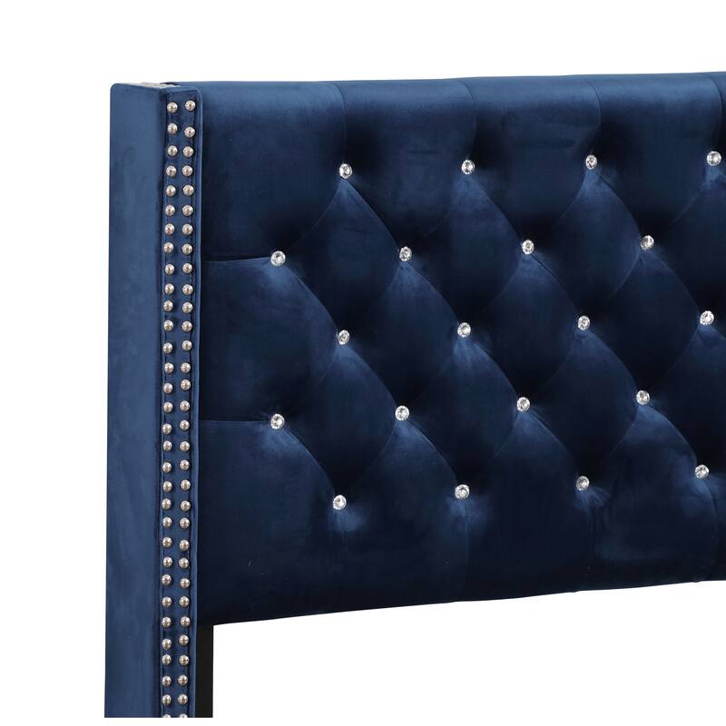 Navy Blue Upholstered Queen Bed with Transitional Style