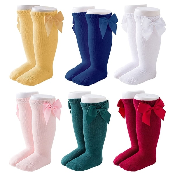 slide 2 of 6, CozyWay Knee High Bow Socks, White Mustard Navy Blue Red Pink Green, 6 pair