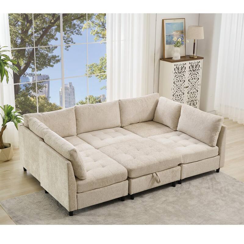 128" Chenille U-Shaped Modular Sectional Sofa with Ottoman