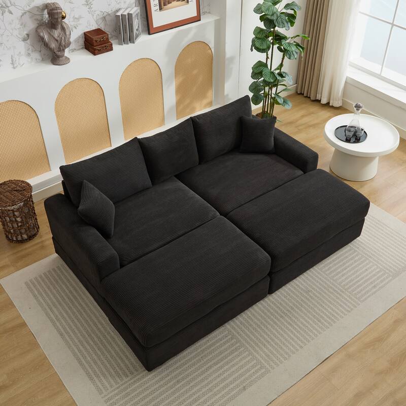 2 Pieces Corduroy Sectional Couch Cushion Covers with 2 Pillows, Black