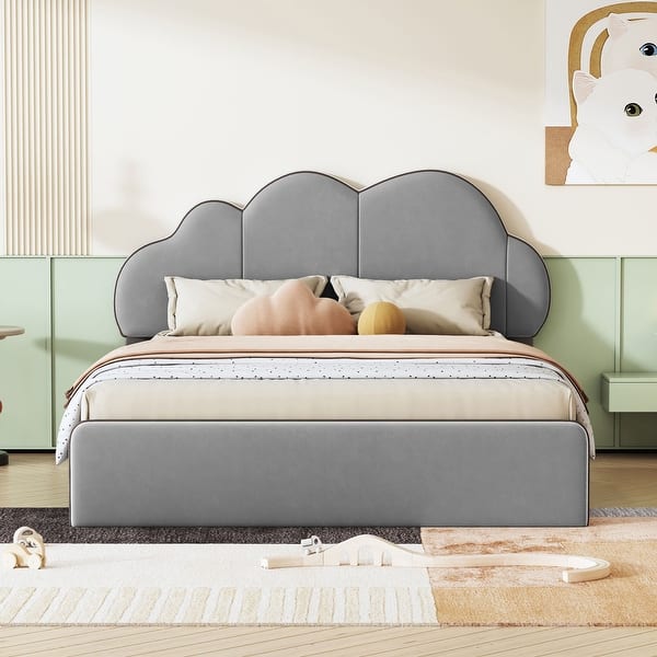 slide 2 of 16, Queen size Upholstered Platform Bed with Cloud-shaped Headboard Grey