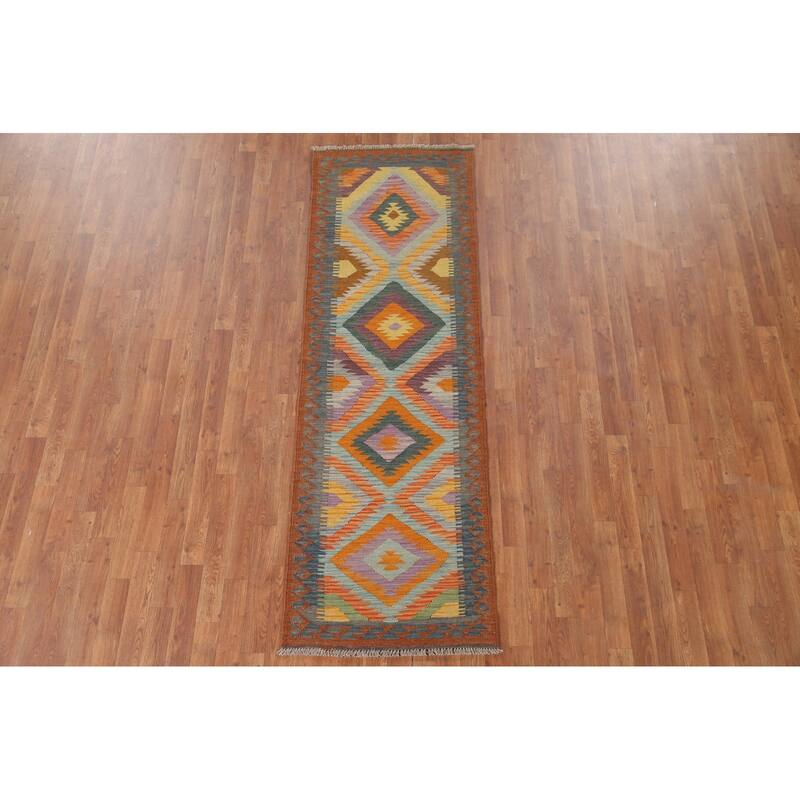 Hand Woven Oriental 100% Wool Carpet Southwestern Geometric Multi-Colored Kilim Runner Rug - 7' 6'' X 2' 5''