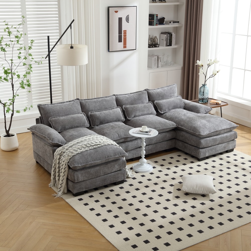 U-shaped Recliner Sofa Chenille Upholstered Chaise Sectional Sofa Symmetrical Reclining Couch with Double Thick Cushions