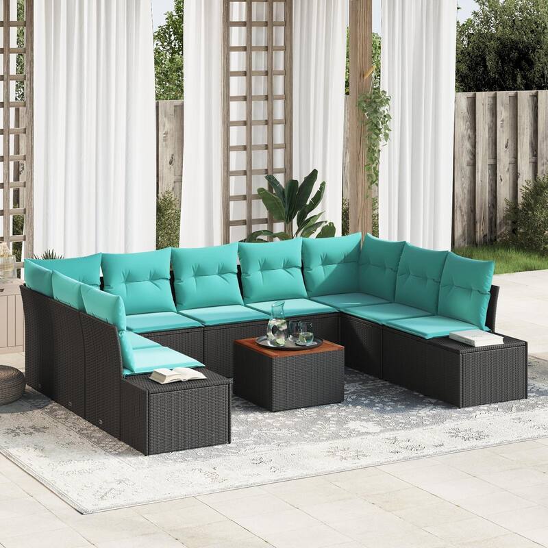 vidaXL 10 Piece Garden Sofa Set with Cushions Black Poly Rattan Acacia - 113.8×82.3×27.2