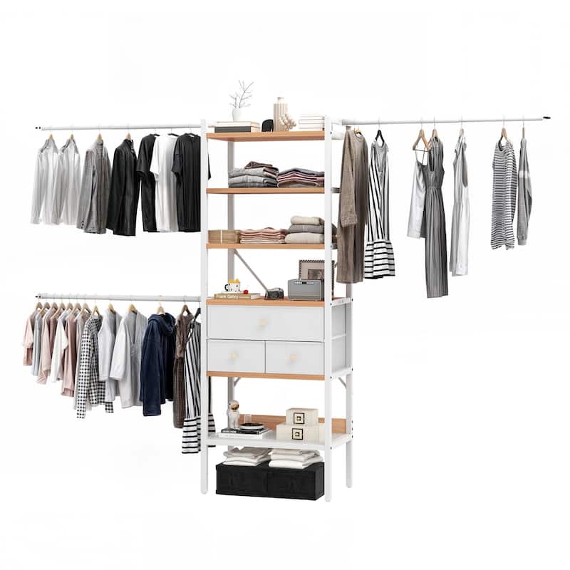 Moasis 70.8"-105"L Closet Storage Organizer with Shelves and 3 Expandable Hanger Rods - White