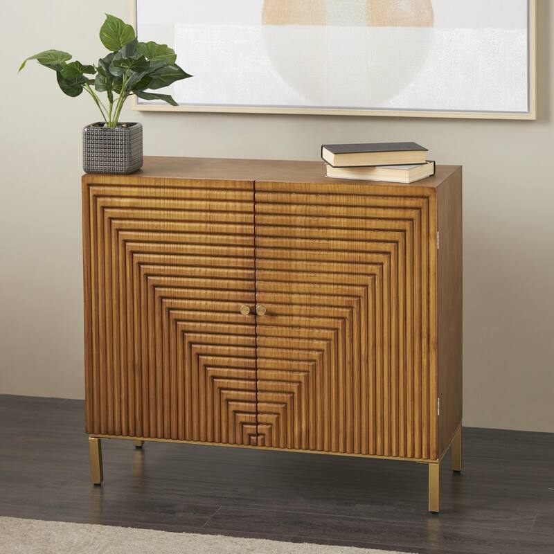 Wood Geometric Carved Square Room Cabinet with Gold Accents - Brown - Roche River Decor