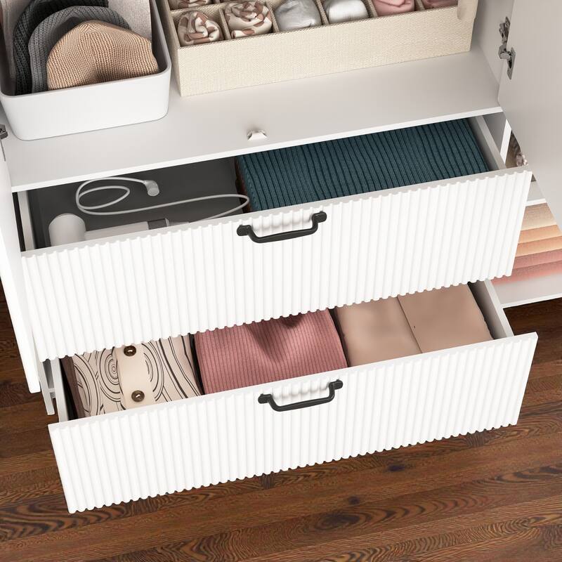 4 Door Wardrobe Closet with Mirror and LED Light, Wooden Wardrobe Cabinet with 2 Drawers Hanging Rod and Shelves