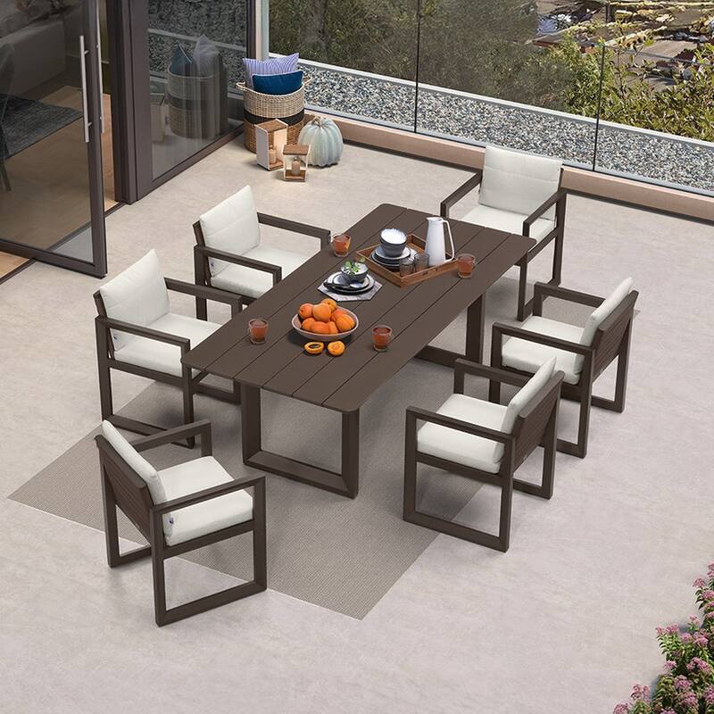 PURPLE LEAF Caesar Outdoor Dining Set Aluminum Luxury Patio Furniture with Olifen Removable Thick Cushion and Pillow-Bronze - 7-Piece（220）