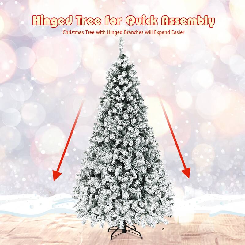 Gymax 6/7.5/9 FT Pre-Lit Christmas Tree Snow Flocked Hinged Pine Tree