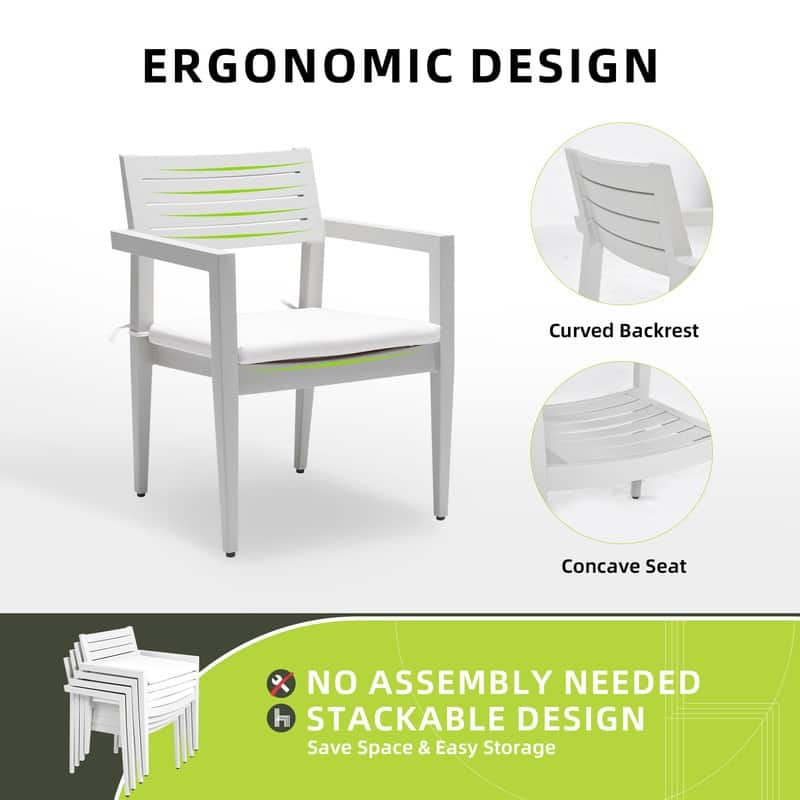 6-Piece Aluminum Patio Dining Set with Sunbrella Cushions – Includes 4 Chairs, 1 Bench & a Two-Tone Table with Umbrella Hole.