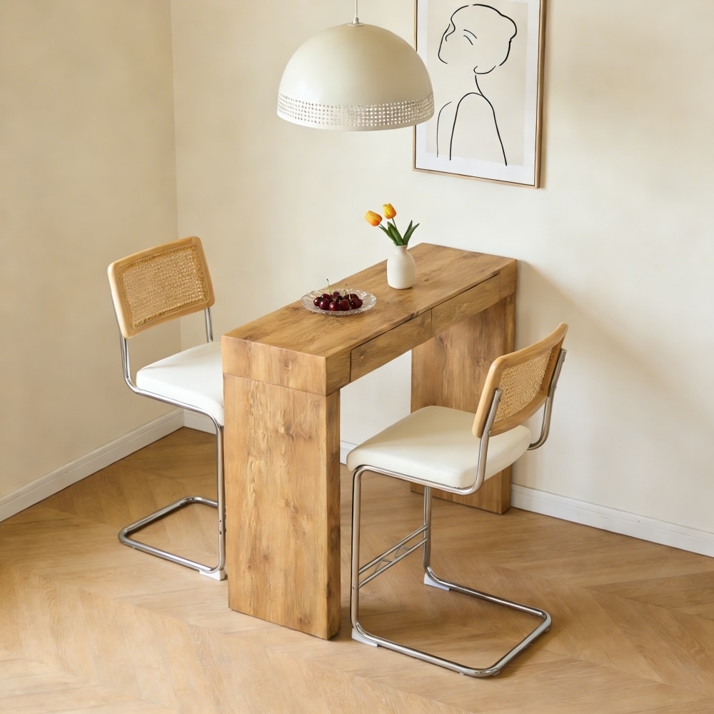 Two-Piece PU Leather Bar Chair Set With Wood Grain Bar Table, Storage Function For Restaurants And Cafes