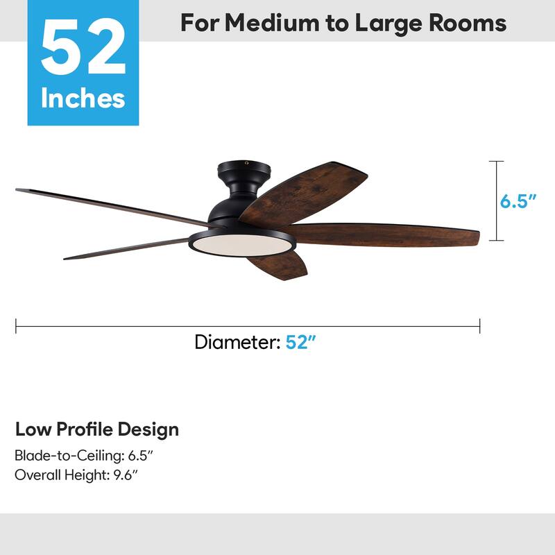 5 - Blade Low Profile Flush Mount Modern Ceiling Fan with 3CCT LED Light and Remote