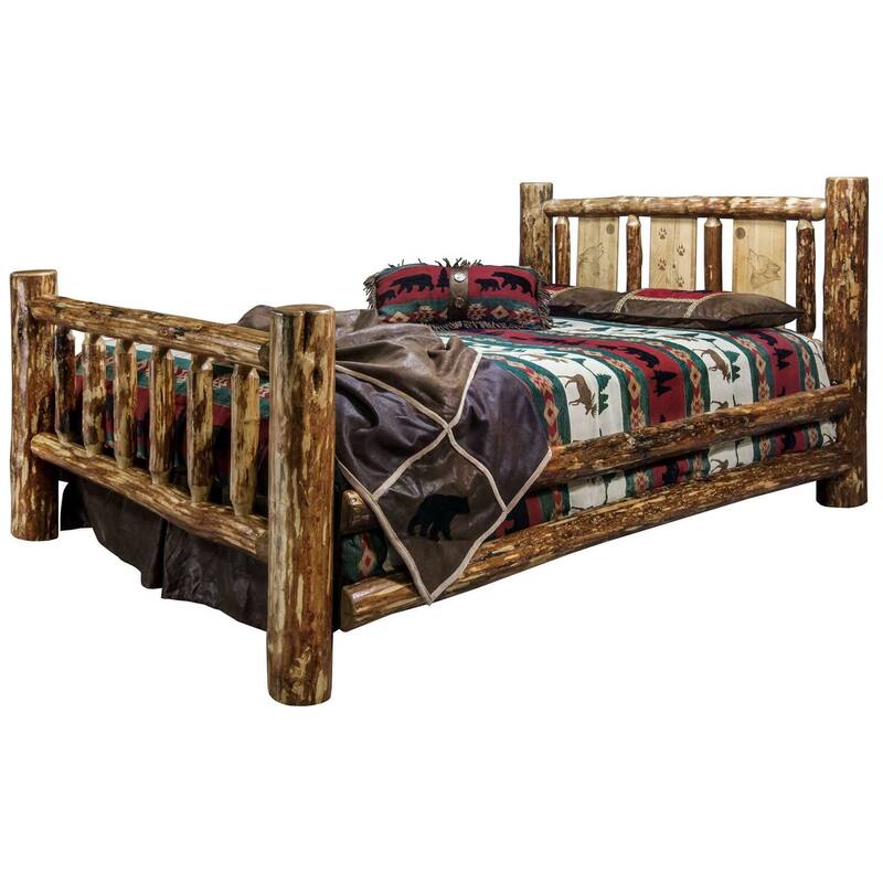 Rustic Full Bed - Laser Engraved Wolf Design - Pine Wood Frame - Heirloom Quality Bed