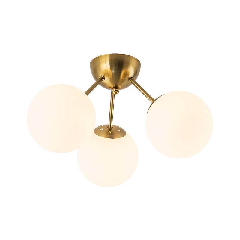 3-Light Brushed Brass Glass Globe Sputnik Semi Flush Mount