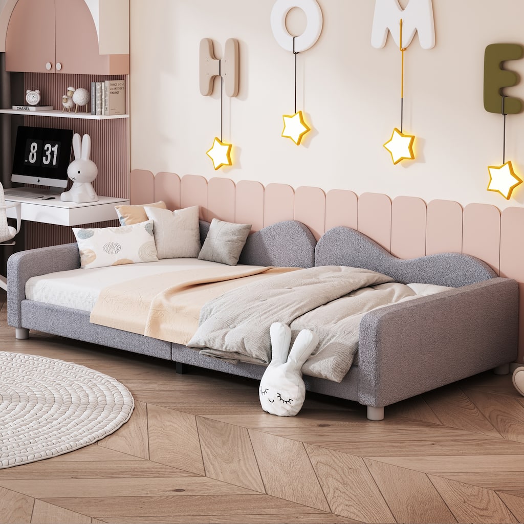 Twin size Upholstered Daybed, Sherpa Fabric Sofabed with Cloud-Shaped Backrest, No Box-spring Needed