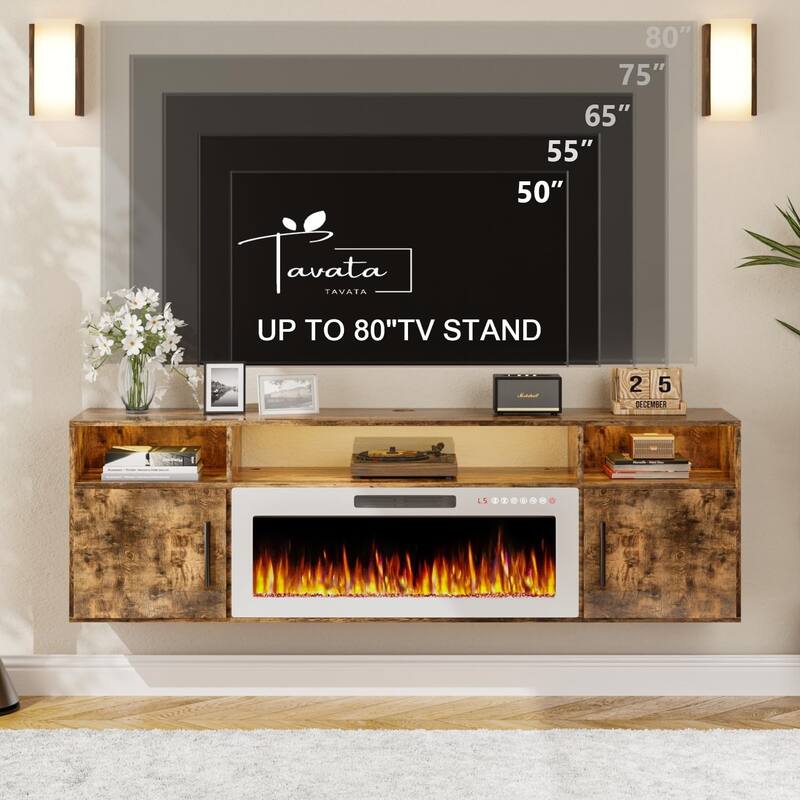 BOSSIN 70" Floating TV Stand with 36" Electric Fireplace, High Gloss Finish Wall Mounted Fireplace TV Stand with Storage