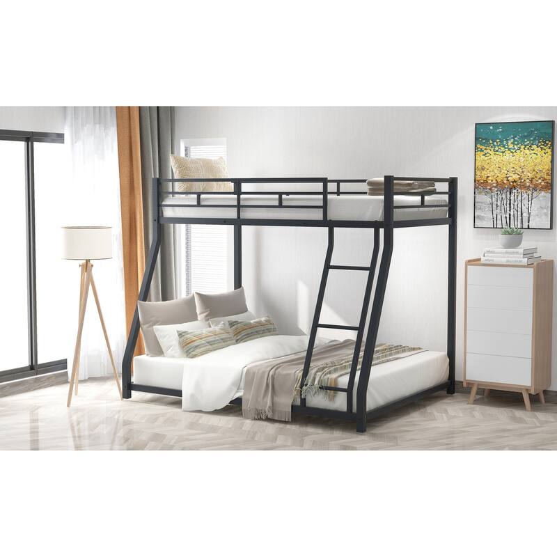 Twin over Full Bunk Bed, Floor Metal Bunk Bed with Full-Length Guardrail and Ladder, Metal Bed Frame, No Boxing Spring Needed