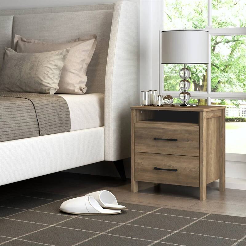 Modern 2-Drawer Bedside Table Nightstand with Shelf Wood Minimalist Bedroom Furniture