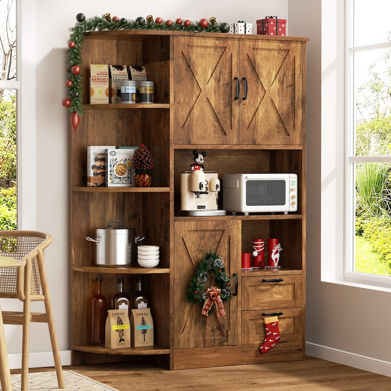 Farmhouse Style 3-Door Storage Cabinet with Adjustable Shelves – Freestanding Pantry Organizer for Kitchen, Dining Room or Bar - Brown