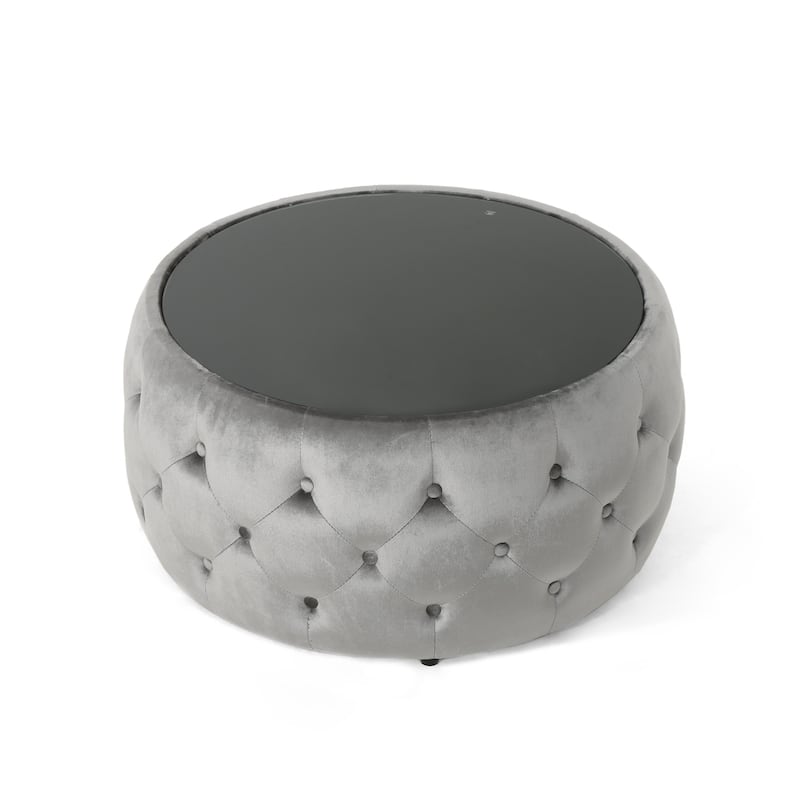 Pirana Ottoman Coffee Table, Gray Tuft Velvet, 30 Inch Tempered Glass