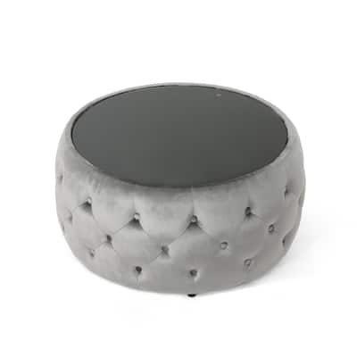Pirana Ottoman Coffee Table, Gray Tuft Velvet, 30 Inch Tempered Glass