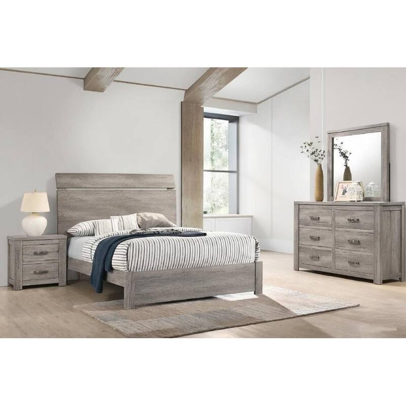 Contemporary Style 4pc Bed Set Panel Headboard Metal Handles Light Gray Finish Bedroom Furniture