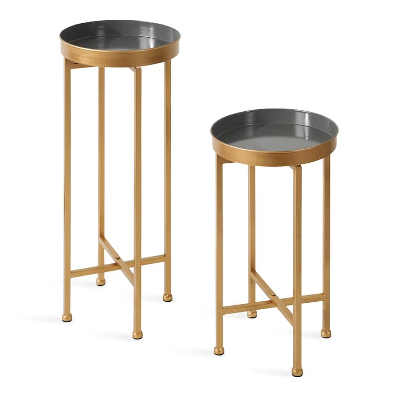 Kate and Laurel Celia Round Metal Foldable Tray Table Set - 2 Piece - Gray/Gold