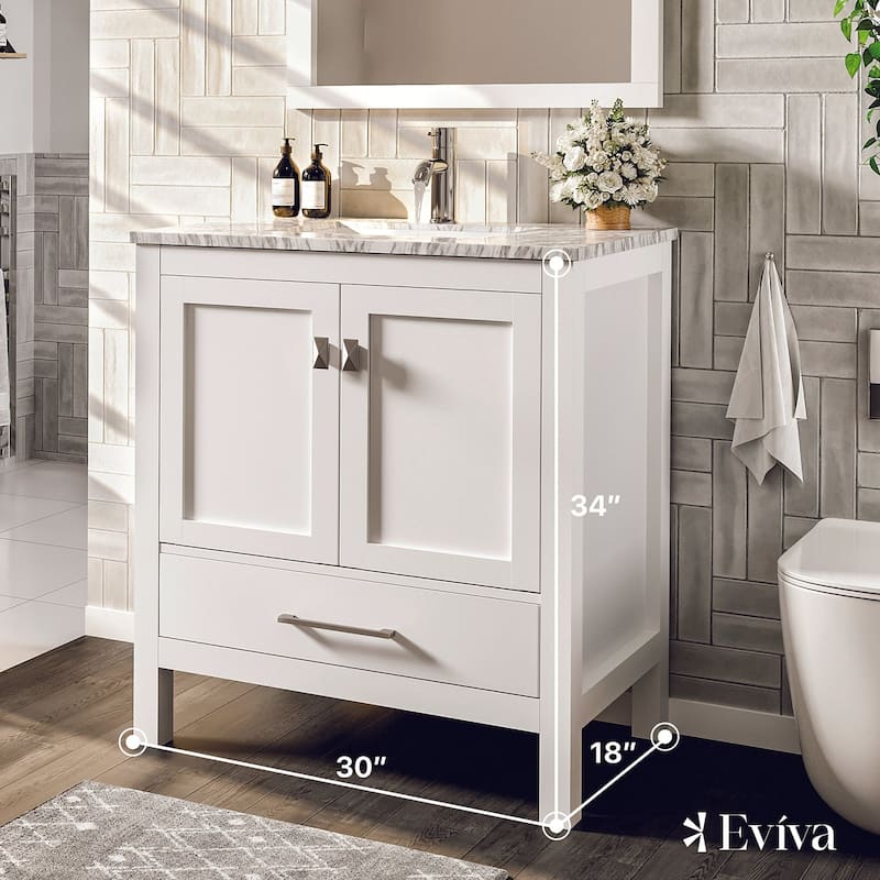 Eviva London 30"W x 18"D White Bathroom Vanity with Carrara Quartz Countertop and Undermount Porcelain Sink