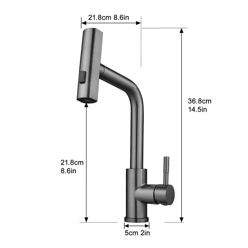 Modern Gunmetal Gray Single Handle Kitchen Faucet with Pull Out Sprayer, 3 Function Water Outlet
