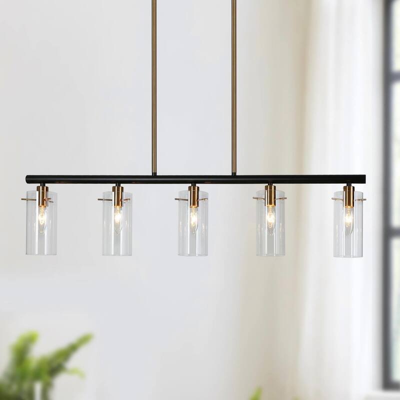 Alva Modern 5-Light Black Gold Chandelier Glass Linear Island Lights for Dining Room - 36" L x 3" W x 8" H