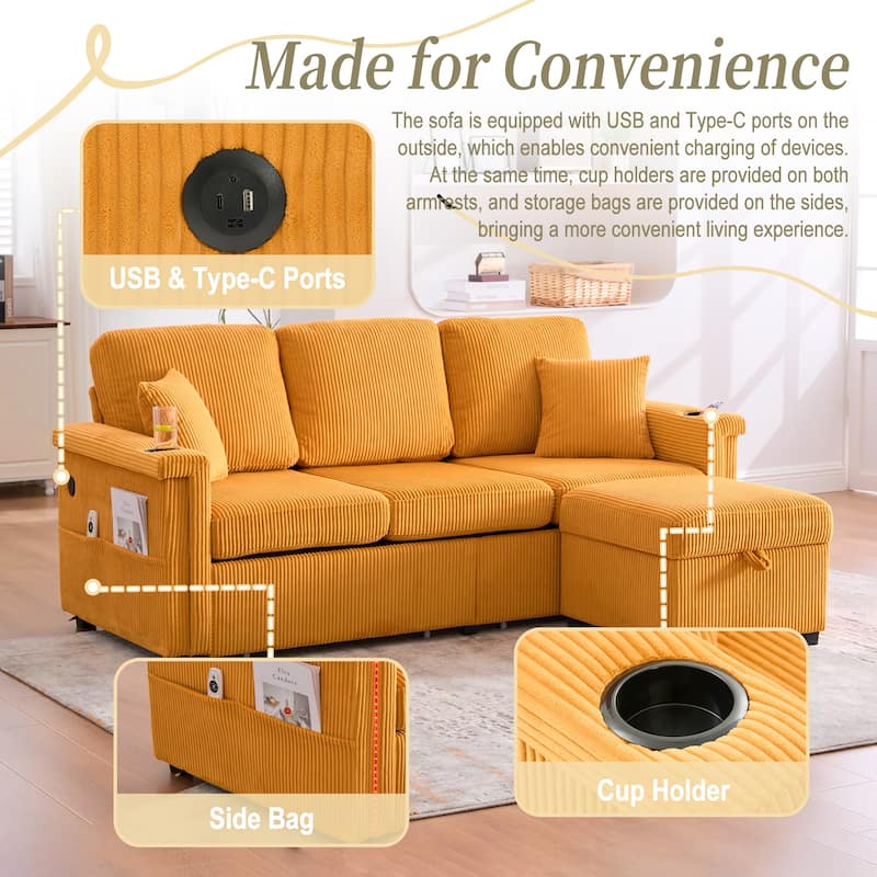 HOMEFUN Corduroy Upholstered L-shaped Pull-Out Storage Sectional Sofa with Storage Ottoman,USB Charging,Cup Holder