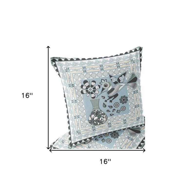 HomeRoots Set of Two 16" X 16" Blue and Black Peacock Blown Seam Floral Indoor Outdoor Throw Pillow - 16.00' X '16.00' X '5.00