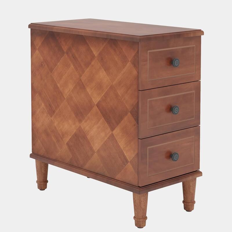 11.81" Solid Wood Narrow End Table, Fully Assembled 3-Drawer Nightstand, Slim Bedside Table, Brown Pre-Assembled Side Table