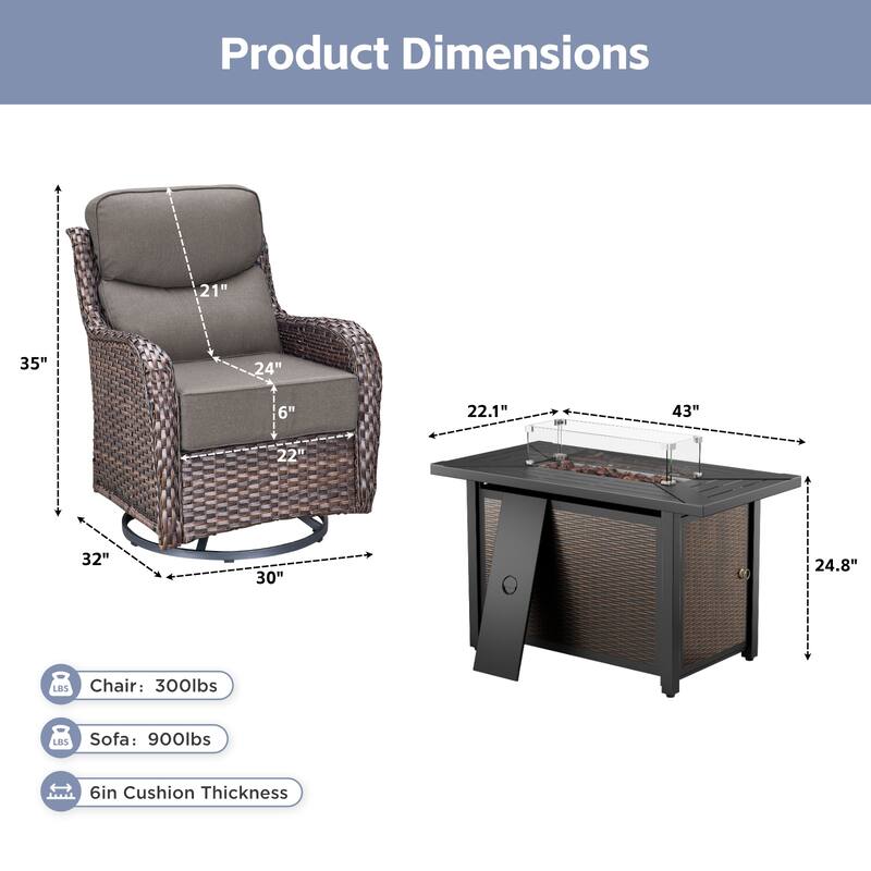 Arcadia 5-Piece Wicker Patio Set with 4 Swivel Glider Chairs and All-Iron Fire Pit