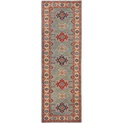 Bohemian Kazak Carla Green/Beige Wool Runner - 2'8'' x 9'5''