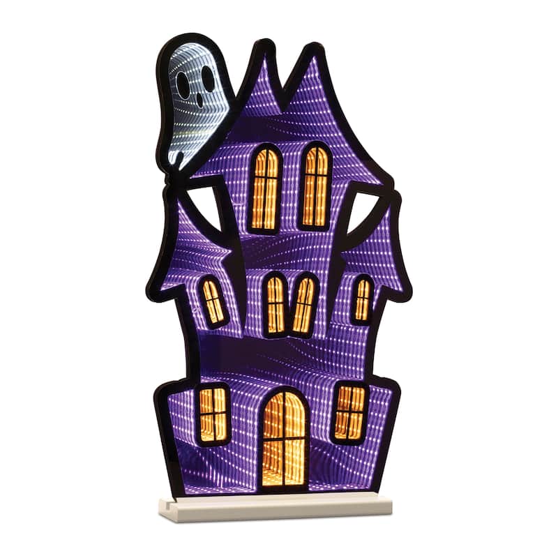 Halloween Haunted House Infinity Light with LED Glow Spooky Ghost Display for Mantel or Entryway - Purple, Black, Orange - 23.5"