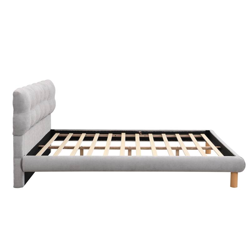 King Size Upholstered Platform Bed with Cookie-Shaped Headboard and Rubber Wood Support Feet