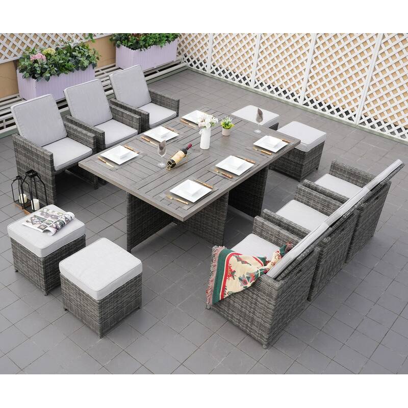 11-Piece Patio Wicker Aluminum Dining Table Set w/ Chairs and Ottomans