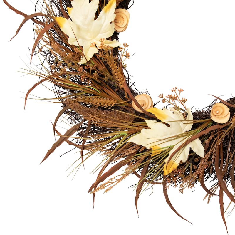 24" Autumn Harvest Cattail and Wheat Artificial Thanksgiving Wreath - Unlit