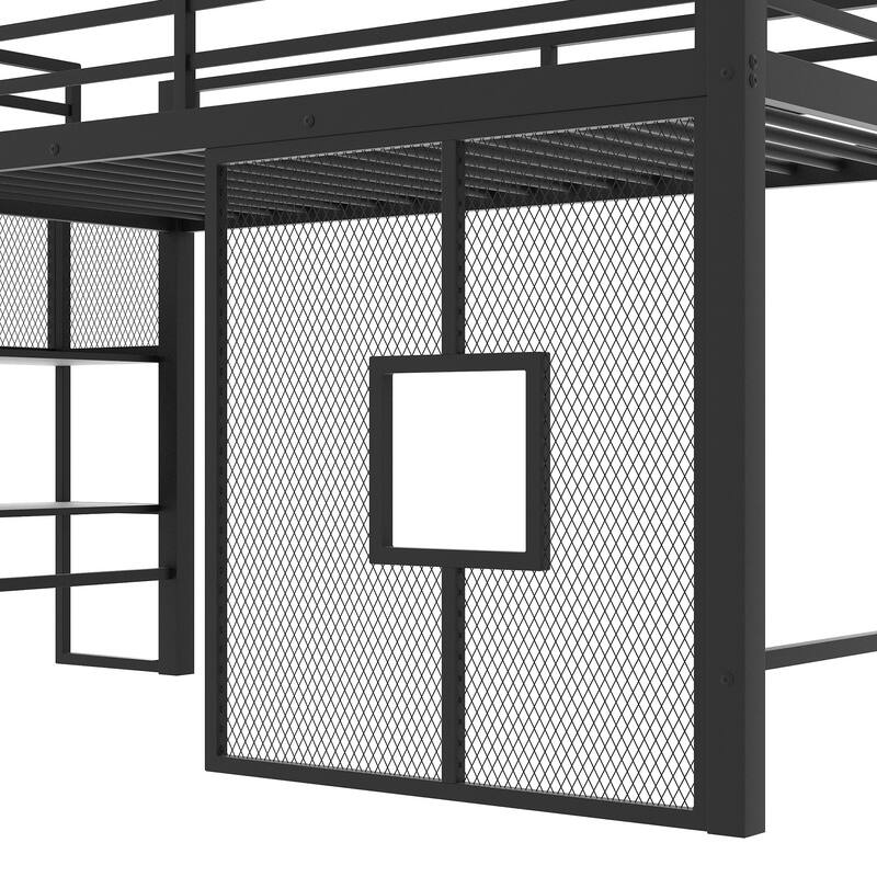Twin Size Metal Low Loft Bed Frame with Storage Staircase and Iron Mesh