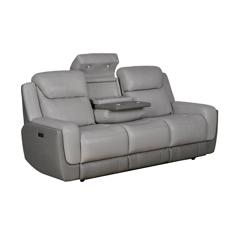 Rosalyn 87" Zero Gravity Silver and Gray Leather Power Reclining Sofa with Dropdown Console