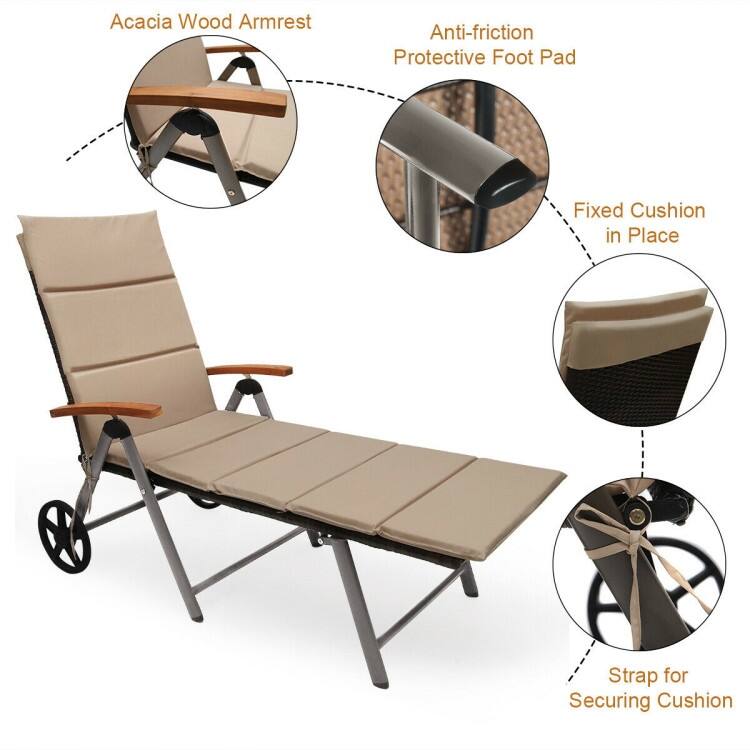 Premium Outdoor Rattan Chaise Lounge Recliner Chair for Relaxation - 56.5"~ 73" x 27.5" x 29.5"~44" (LX WX H)
