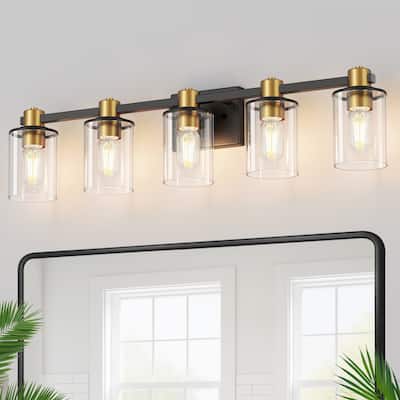 YANSUN 31.5 in. 5-Light Black and Gold Vanity Light with Round Glass Shades for Timeless Bathroom Elegance