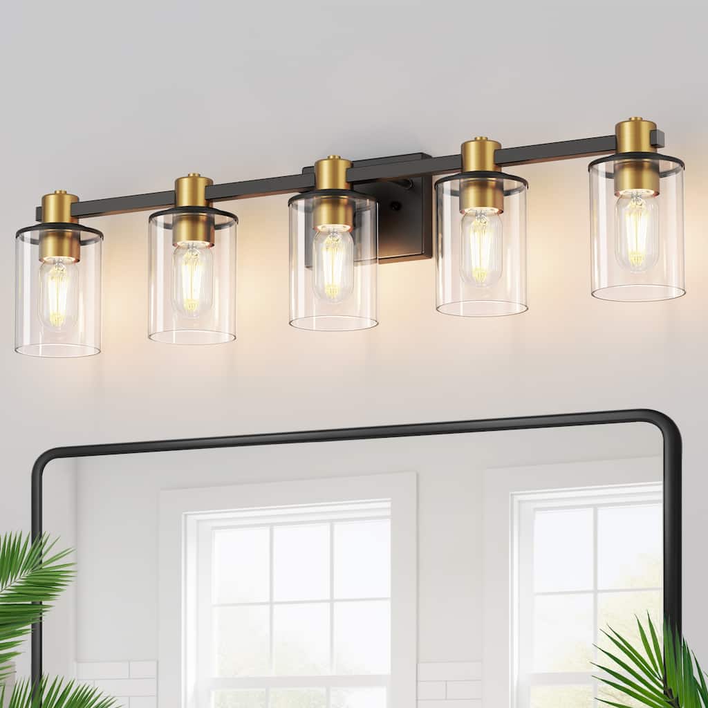 YANSUN 31.5 in. 5-Light Black and Gold Vanity Light with Round Glass Shades for Timeless Bathroom Elegance