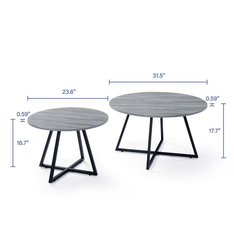 Modern Round Nesting Coffee Table Set with Black Cross Metal Legs