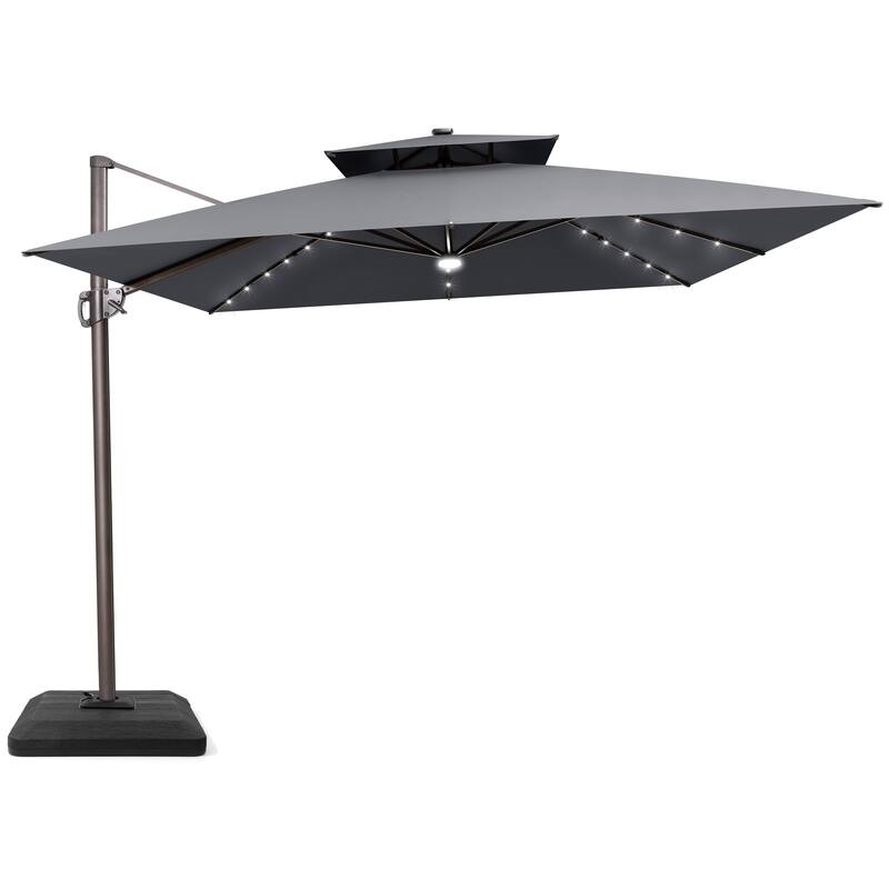 Outdoor Solar-Powered LED Light 11 FT Aluminum Cantilever Umbrella with Double Top and Base