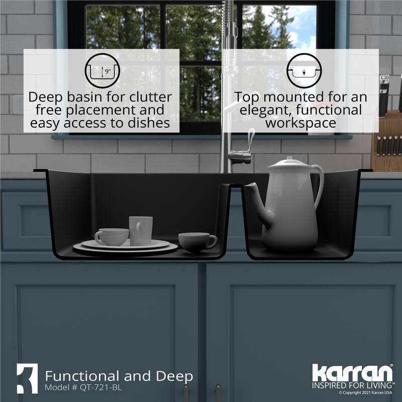 Karran Drop-In Quartz 34 in. Double Bowl 60/40 Kitchen Sink With Bottom Grids and Strainers