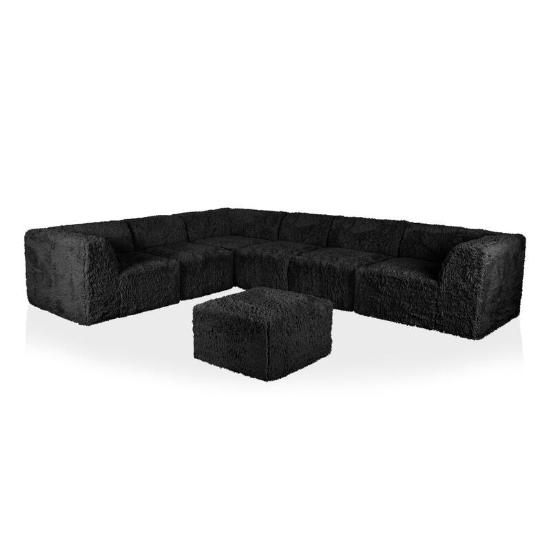 Furniture of America Ylena Modern 7-Piece Faux Fur Foam Modular Compressed Sectional Sofa with Ottoman