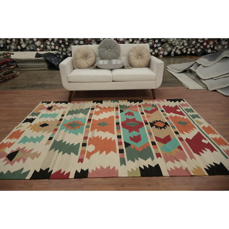 Hand Woven Oriental 100% Wool Carpet Southwestern Tribal Multi-Colored Kilim Area Rug - 7' 11'' X 5' 10''
